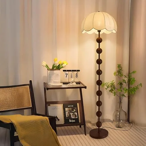 Vintage Floor Lamp, Floor Light with Cloth Lampshade Wood view 1