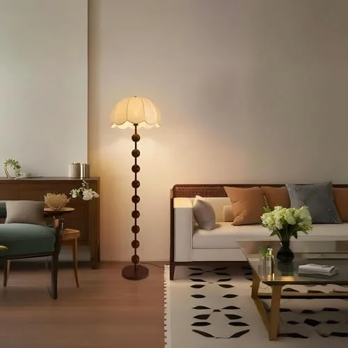 Vintage Floor Lamp, Floor Light with Cloth Lampshade Wood view 3