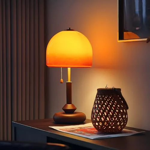 Orange Table Lamp, Glass Lampshade Metal Lamp Body Wood view 2
