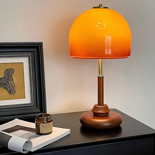 Orange Table Lamp, Glass Lampshade Metal Lamp Body Wood view 3