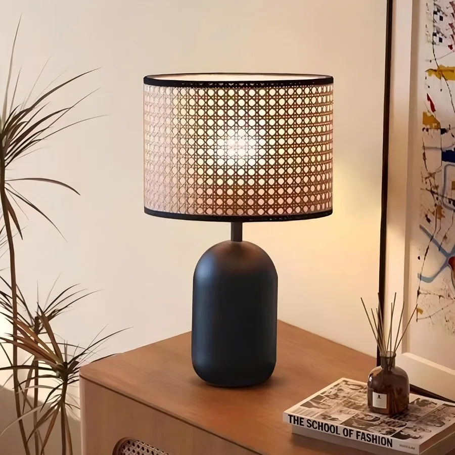 Beige+Black 1-Light Rattan Table Lamp view 1