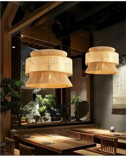 Wabi-sabi Style Rattan Hemp Rope Chandelier Dining Room Living view 2