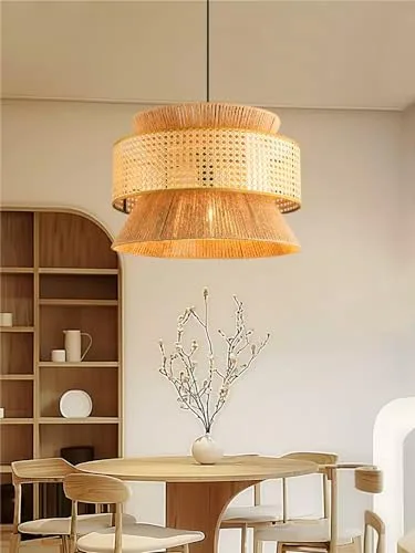 Wabi-sabi Style Rattan Hemp Rope Chandelier Dining Room Living view 3