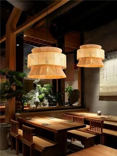 Wabi-sabi Style Rattan Hemp Rope Chandelier Dining Room Living view 2
