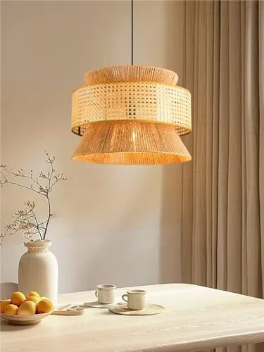 Wabi-sabi Style Rattan Hemp Rope Chandelier Dining Room Living view 3