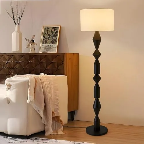 Vintage Floor Lamp, Floor Light with Cloth Lampshade Wood