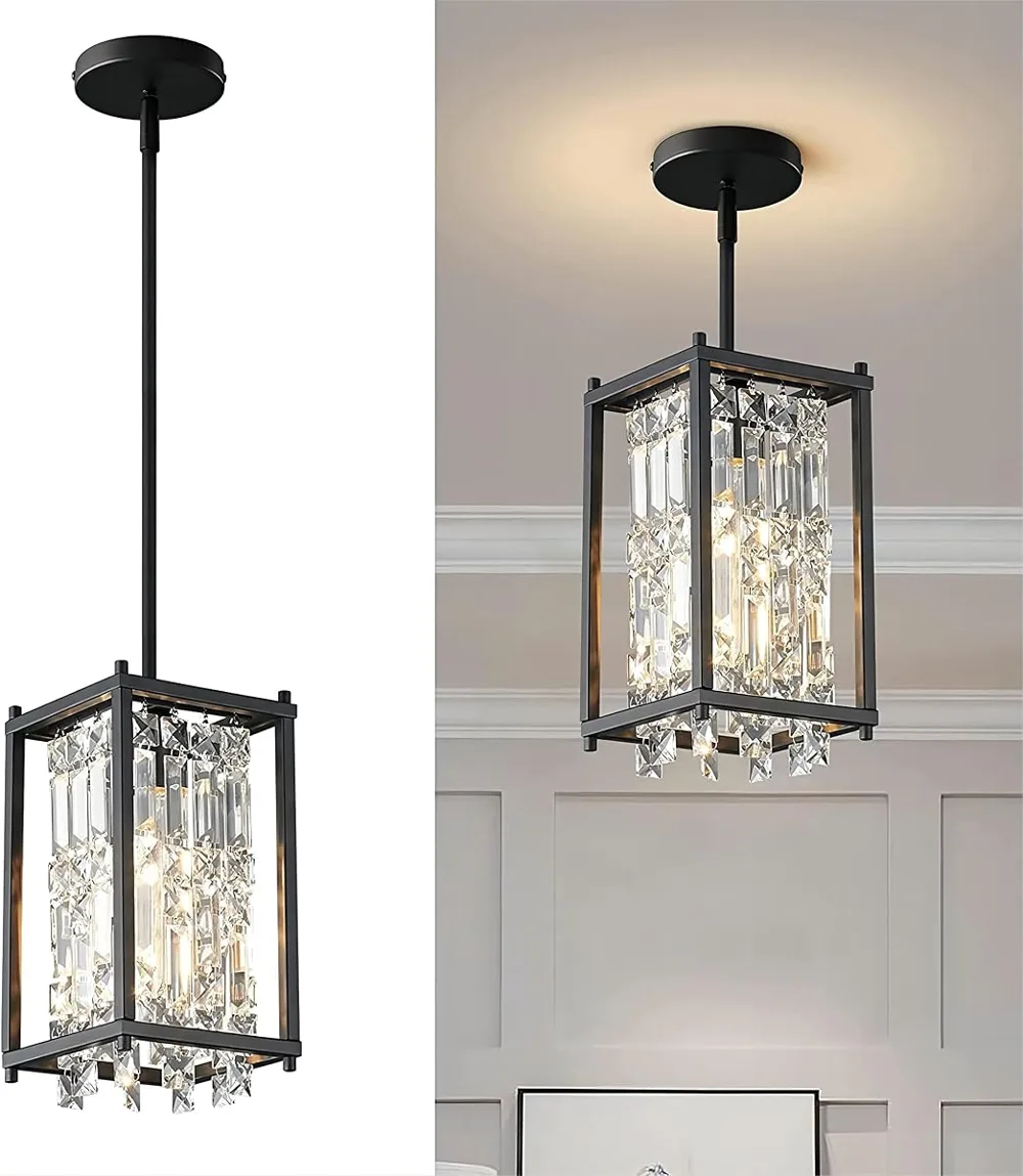 Black 1-Light Crystal, Metal, Polycarbonate Chandelier