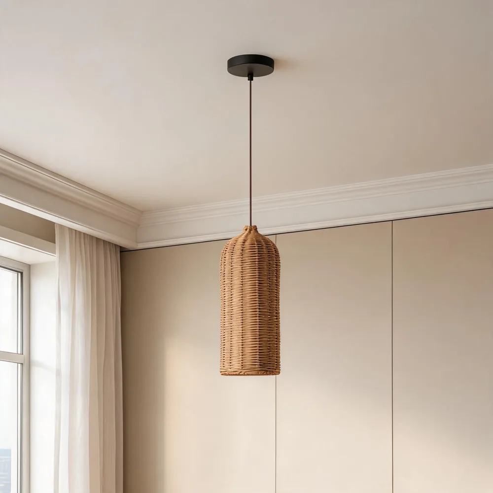 Natural Wood 1-Light Bamboo & Rattan Cylinder