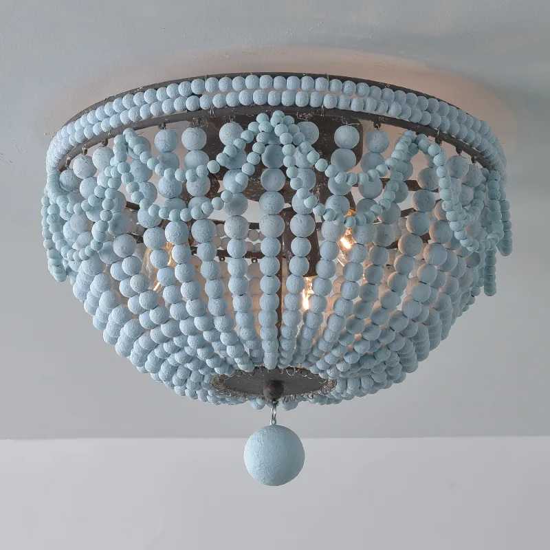 Blue 3-Light Solid Wood Flush Mount