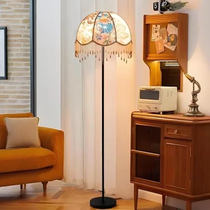 Vintage Floor Lamp, Floor Standing Light with Floral Cloth