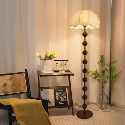 Vintage Floor Lamp, Floor Light with Cloth Lampshade Wood