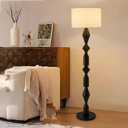 Vintage Floor Lamp, Floor Light with Cloth Lampshade Wood