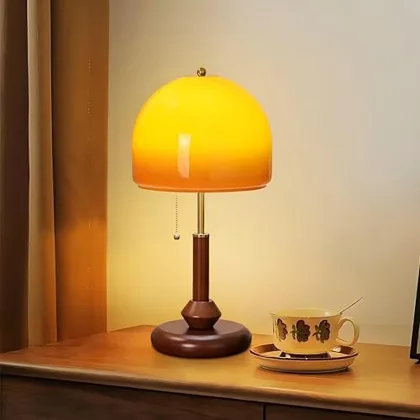Orange Table Lamp, Glass Lampshade Metal Lamp Body Wood