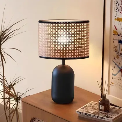 Beige+Black 1-Light Rattan Table Lamp