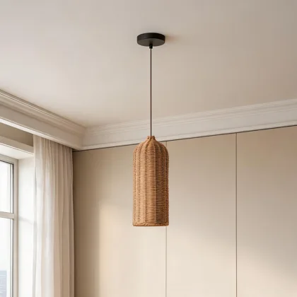 Natural Wood 1-Light Bamboo & Rattan Cylinder